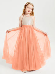 Abito Damigella Junior Lungo Top Con Paillettes Gonna In Tulle Papaia