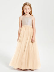 Abito Damigella Junior Lungo Top Con Paillettes Gonna In Tulle Pesca