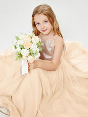 Abito Damigella Junior Lungo Top Con Paillettes Gonna In Tulle Pesca