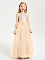 Abito Damigella Junior Lungo Top Con Paillettes Gonna In Tulle Pesca