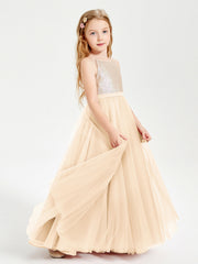 Abito Damigella Junior Lungo Top Con Paillettes Gonna In Tulle Pesca