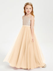 Abito Damigella Junior Lungo Top Con Paillettes Gonna In Tulle Pesca