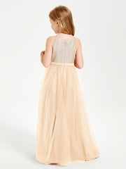 Abito Damigella Junior Lungo Top Con Paillettes Gonna In Tulle Pesca