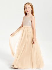 Abito Damigella Junior Lungo Top Con Paillettes Gonna In Tulle Pesca