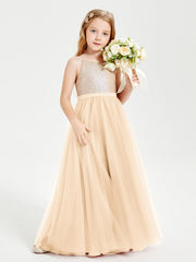 Abito Damigella Junior Lungo Top Con Paillettes Gonna In Tulle Pesca