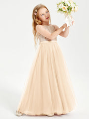 Abito Damigella Junior Lungo Top Con Paillettes Gonna In Tulle Pesca