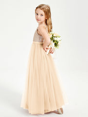 Abito Damigella Junior Lungo Top Con Paillettes Gonna In Tulle Pesca