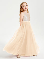 Abito Damigella Junior Lungo Top Con Paillettes Gonna In Tulle Pesca