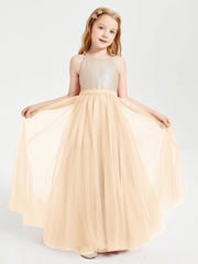 Abito Damigella Junior Lungo Top Con Paillettes Gonna In Tulle Pesca