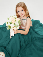 Abito Damigella Junior Lungo Top Con Paillettes Gonna In Tulle Pavone