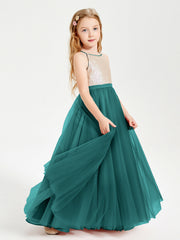Abito Damigella Junior Lungo Top Con Paillettes Gonna In Tulle Pavone