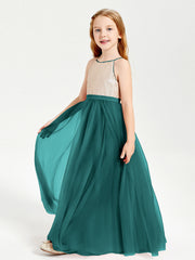 Abito Damigella Junior Lungo Top Con Paillettes Gonna In Tulle Pavone