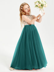 Abito Damigella Junior Lungo Top Con Paillettes Gonna In Tulle Pavone