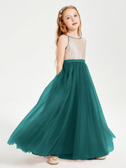 Abito Damigella Junior Lungo Top Con Paillettes Gonna In Tulle Pavone