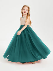 Abito Damigella Junior Lungo Top Con Paillettes Gonna In Tulle Pavone