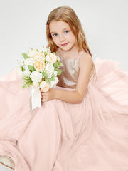 Abito Damigella Junior Lungo Top Con Paillettes Gonna In Tulle Rosa Perlato