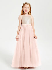 Abito Damigella Junior Lungo Top Con Paillettes Gonna In Tulle Rosa Perlato
