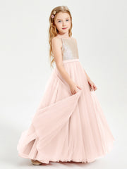 Abito Damigella Junior Lungo Top Con Paillettes Gonna In Tulle Rosa Perlato