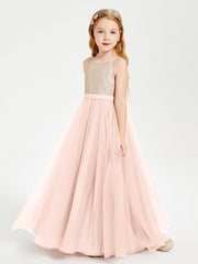 Abito Damigella Junior Lungo Top Con Paillettes Gonna In Tulle Rosa Perlato