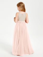 Abito Damigella Junior Lungo Top Con Paillettes Gonna In Tulle Rosa Perlato