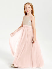 Abito Damigella Junior Lungo Top Con Paillettes Gonna In Tulle Rosa Perlato