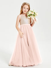 Abito Damigella Junior Lungo Top Con Paillettes Gonna In Tulle Rosa Perlato