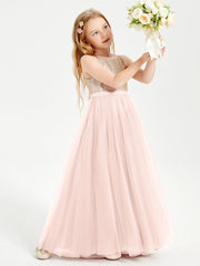 Abito Damigella Junior Lungo Top Con Paillettes Gonna In Tulle Rosa Perlato