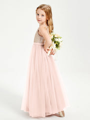 Abito Damigella Junior Lungo Top Con Paillettes Gonna In Tulle Rosa Perlato