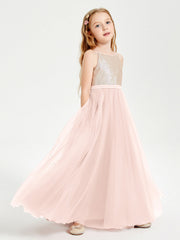 Abito Damigella Junior Lungo Top Con Paillettes Gonna In Tulle Rosa Perlato