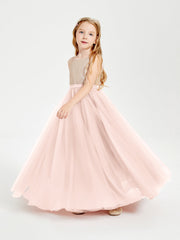 Abito Damigella Junior Lungo Top Con Paillettes Gonna In Tulle Rosa Perlato