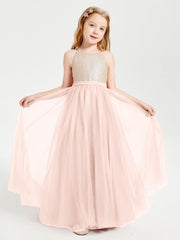Abito Damigella Junior Lungo Top Con Paillettes Gonna In Tulle Rosa Perlato