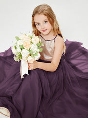 Abito Damigella Junior Lungo Top Con Paillettes Gonna In Tulle Prugna