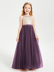 Abito Damigella Junior Lungo Top Con Paillettes Gonna In Tulle Prugna