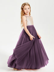 Abito Damigella Junior Lungo Top Con Paillettes Gonna In Tulle Prugna