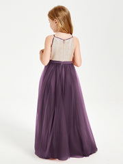 Abito Damigella Junior Lungo Top Con Paillettes Gonna In Tulle Prugna