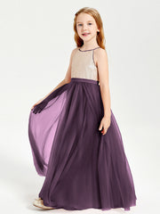 Abito Damigella Junior Lungo Top Con Paillettes Gonna In Tulle Prugna