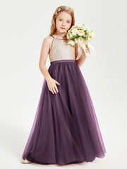 Abito Damigella Junior Lungo Top Con Paillettes Gonna In Tulle Prugna