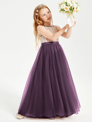 Abito Damigella Junior Lungo Top Con Paillettes Gonna In Tulle Prugna