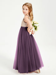 Abito Damigella Junior Lungo Top Con Paillettes Gonna In Tulle Prugna