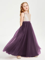 Abito Damigella Junior Lungo Top Con Paillettes Gonna In Tulle Prugna
