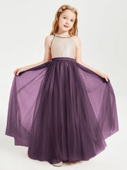Abito Damigella Junior Lungo Top Con Paillettes Gonna In Tulle Prugna