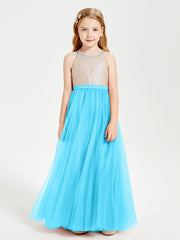 Abito Damigella Junior Lungo Top Con Paillettes Gonna In Tulle Blu Piscina