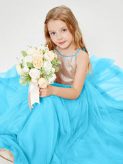 Abito Damigella Junior Lungo Top Con Paillettes Gonna In Tulle Blu Piscina