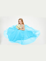 Abito Damigella Junior Lungo Top Con Paillettes Gonna In Tulle Blu Piscina