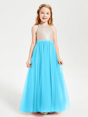 Abito Damigella Junior Lungo Top Con Paillettes Gonna In Tulle Blu Piscina