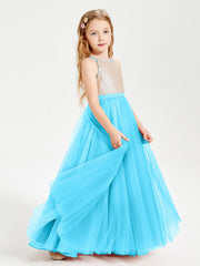 Abito Damigella Junior Lungo Top Con Paillettes Gonna In Tulle Blu Piscina