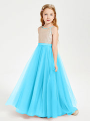 Abito Damigella Junior Lungo Top Con Paillettes Gonna In Tulle Blu Piscina