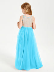 Abito Damigella Junior Lungo Top Con Paillettes Gonna In Tulle Blu Piscina