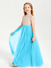 Abito Damigella Junior Lungo Top Con Paillettes Gonna In Tulle Blu Piscina