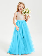 Abito Damigella Junior Lungo Top Con Paillettes Gonna In Tulle Blu Piscina